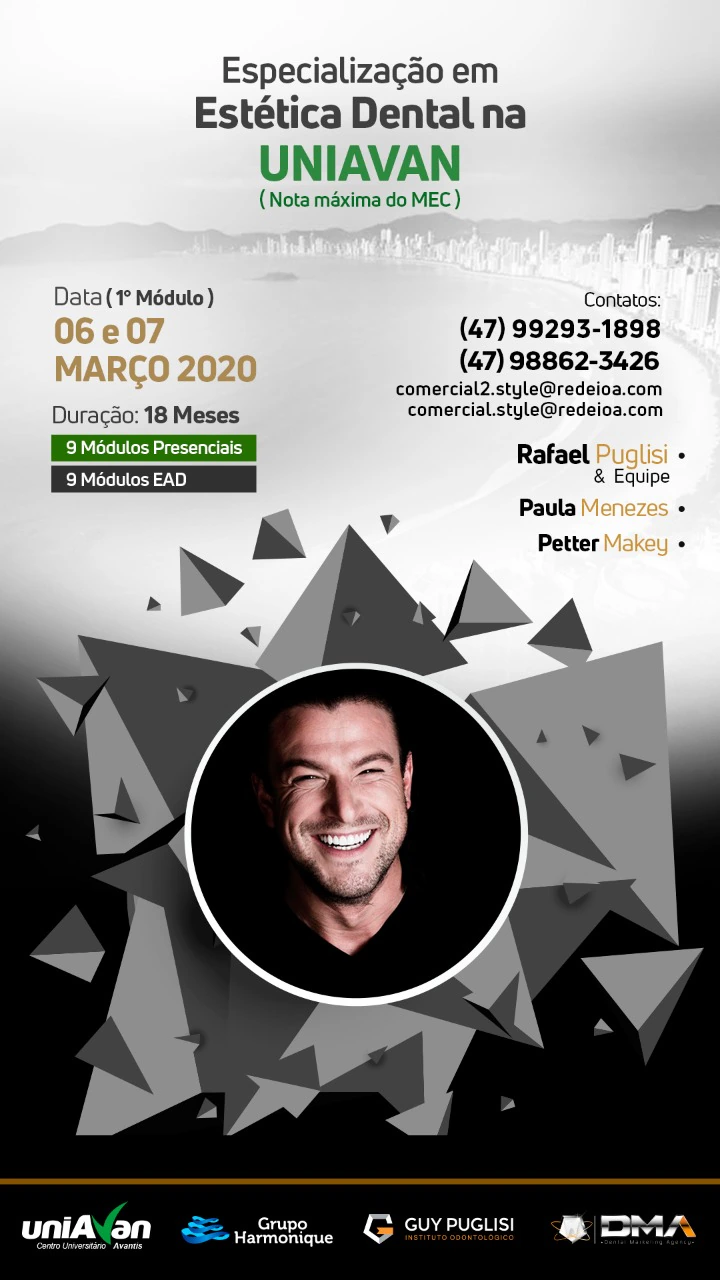 Cartaz da Especialização em Estética Dental na Uniavan com Rafael Puglisi e equipe