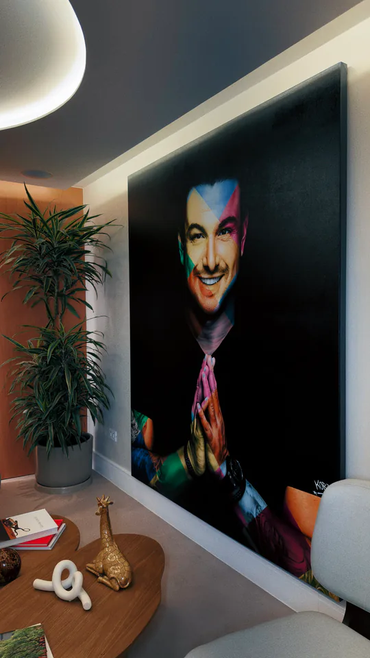Retrato artístico de Rafa Puglisi junto a uma planta e objetos