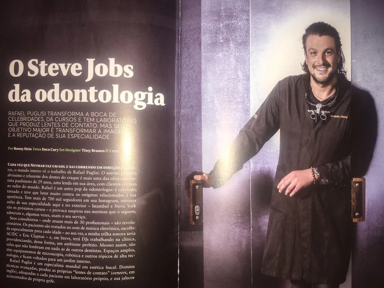 Página de reportagem com o título O Steve Jobs da odontologia e retrato de Rafa Puglisi