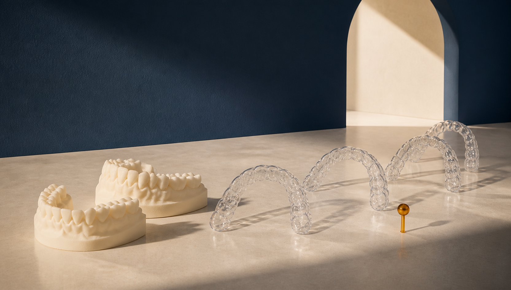 Modelos odontológicos e alinhadores transparentes em uma composição conceitual de ateliê