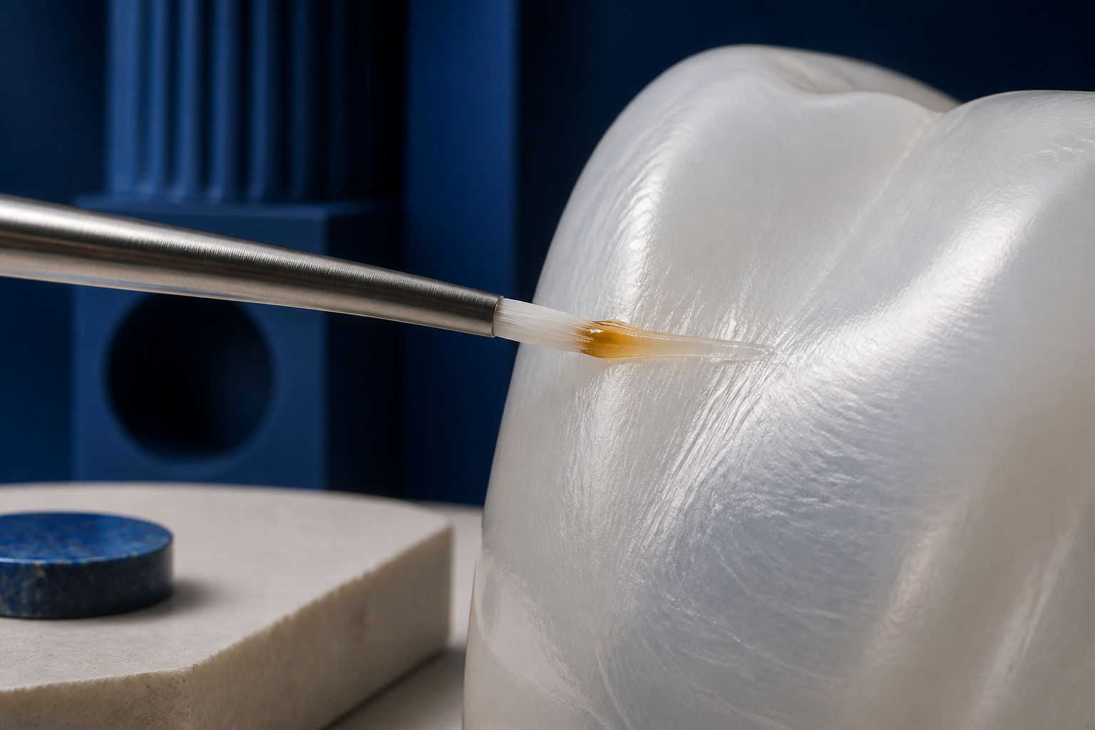 Arte conceitual de um microaplicador depositando pequena quantidade de material sobre uma forma dental de porcelana