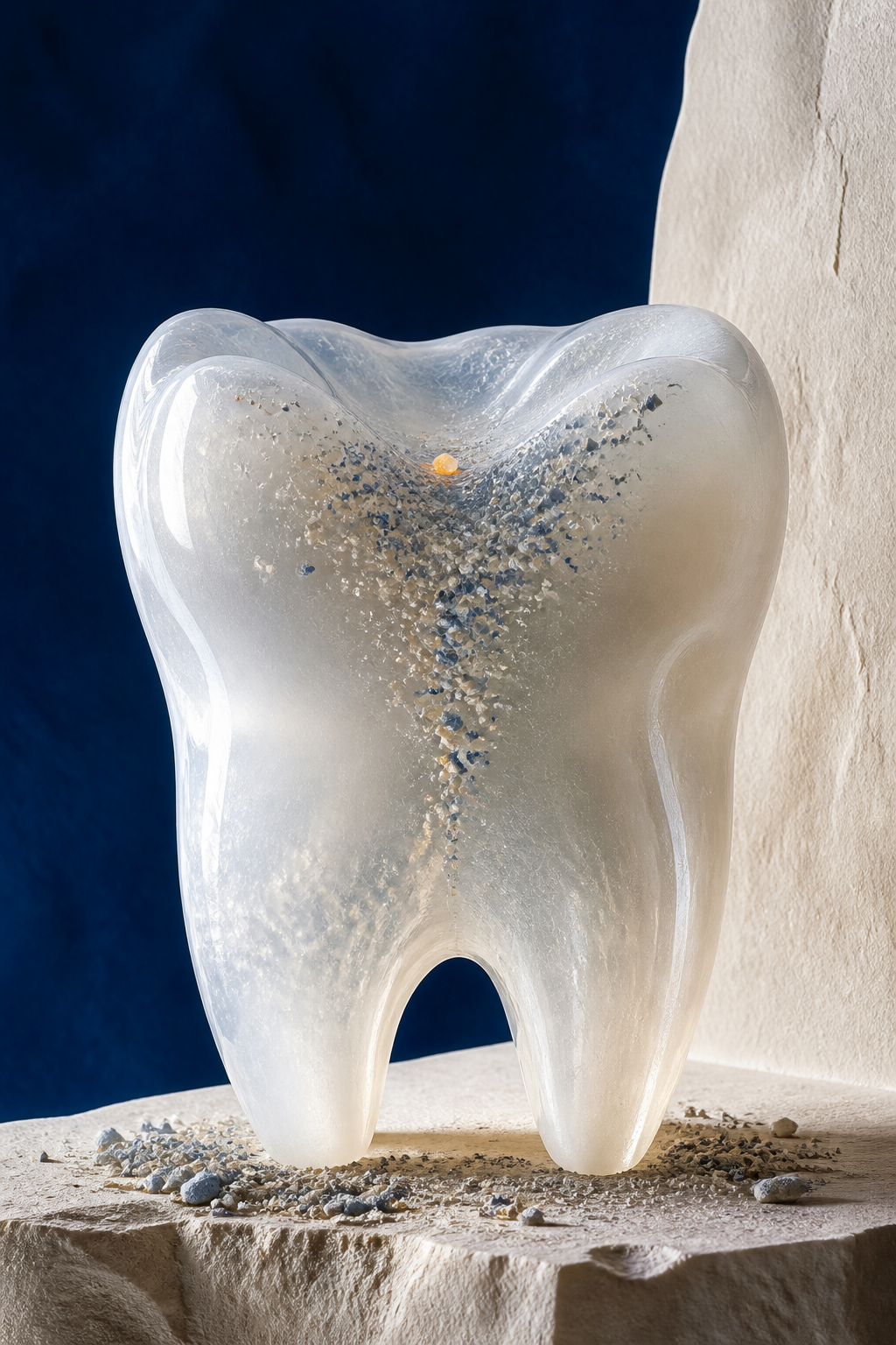 Arte conceitual de uma forma dental translúcida atravessada por partículas minerais