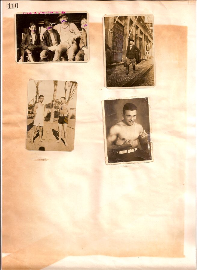 Página de álbum com retratos de atleta e registros de viagem do acervo da família Puglisi.