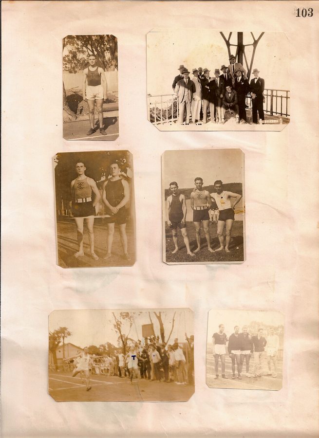 Página de álbum com fotografias de equipes e encontros esportivos do acervo da família Puglisi.