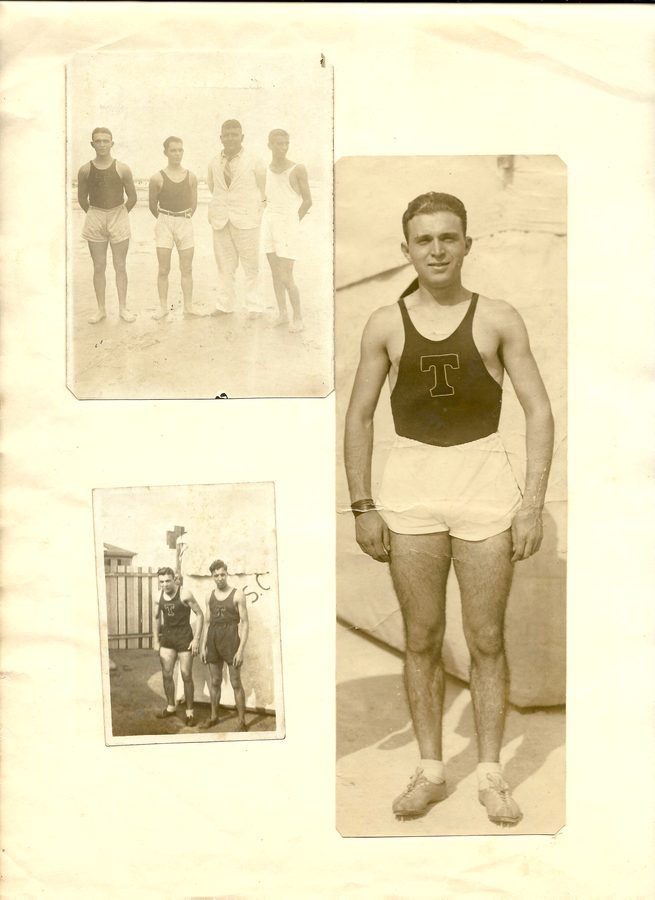 Página de álbum com retratos e fotografias da trajetória de Domingos Puglisi no atletismo.