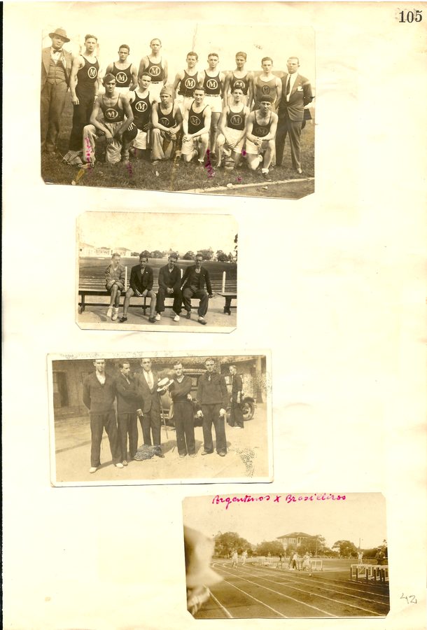 Página de álbum com fotografias de delegações e equipes de atletismo.