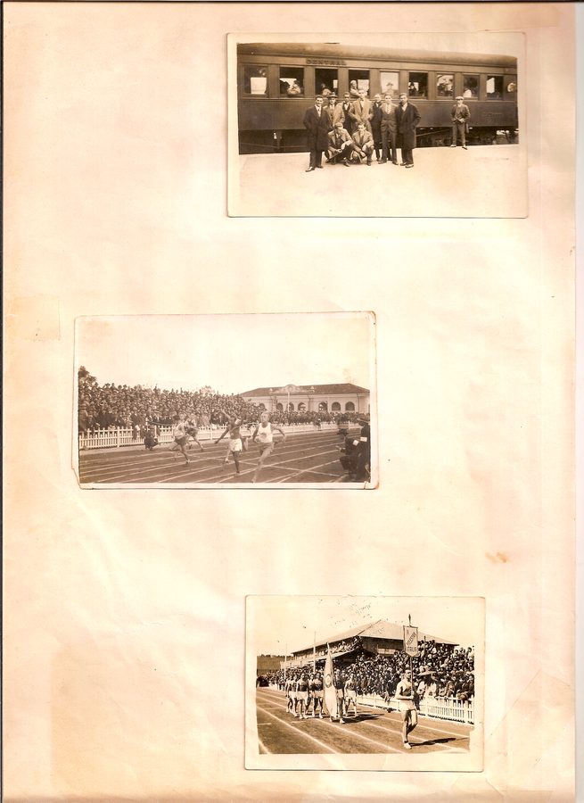 Página de álbum com fotografias de equipes e competições esportivas.
