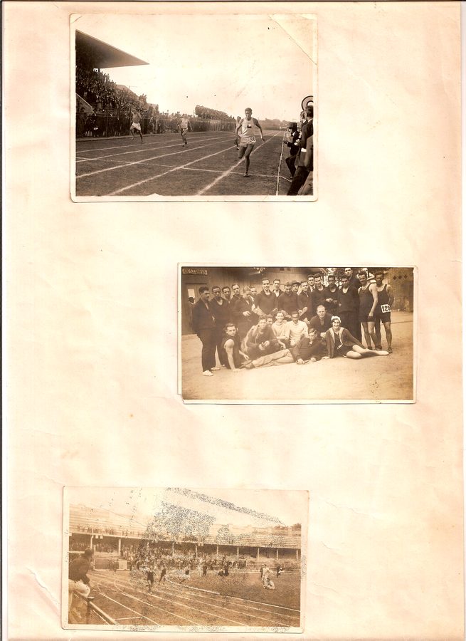 Página de álbum com fotografias de estádio, equipe e competição de atletismo.