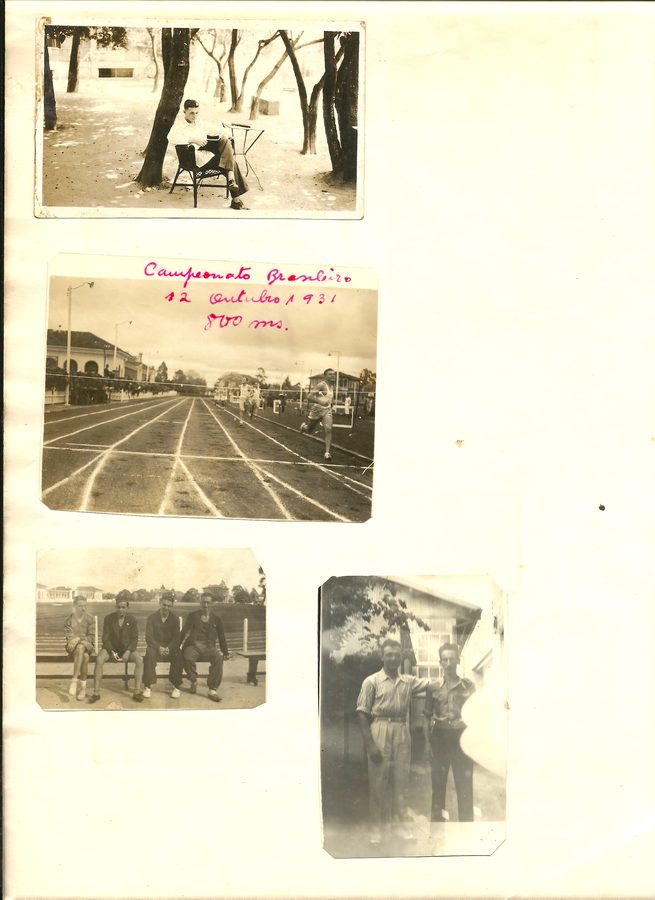 Página de álbum com fotografias de treinos e equipe de atletismo.