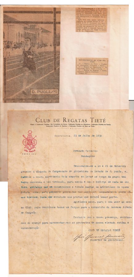 Carta de 23 de julho de 1930 convocando Domingos Puglisi para treinos de atletismo; assinatura omitida da descrição editorial.