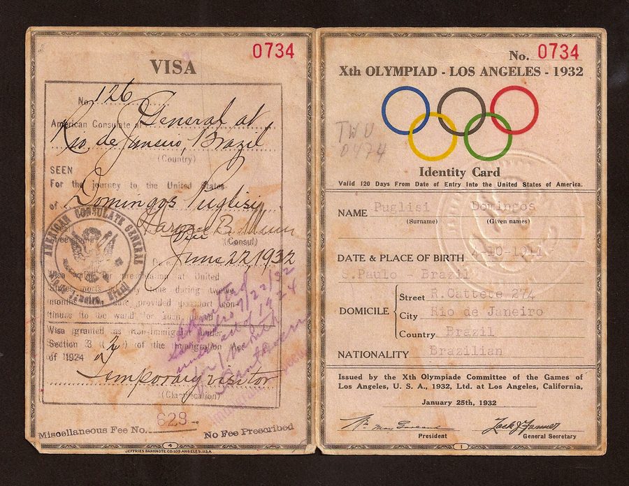 Identidade olímpica e visto de Domingos Puglisi para Los Angeles 1932.