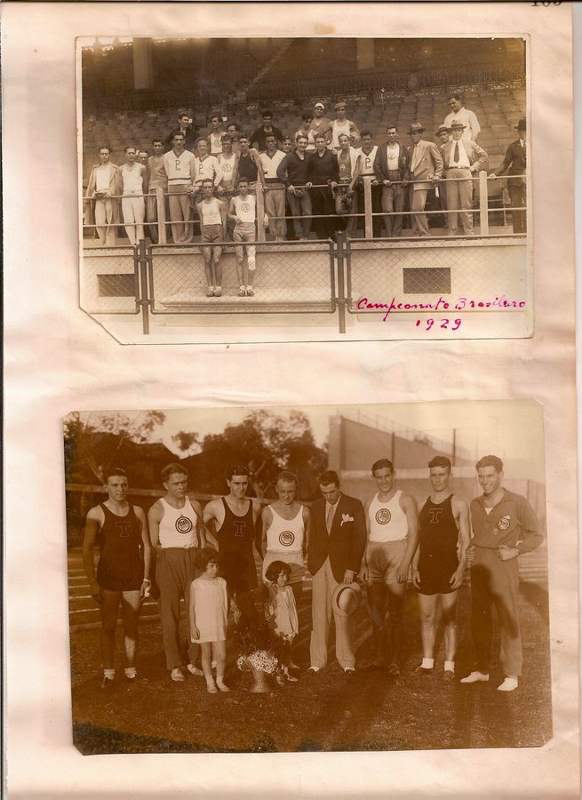 Página de álbum com fotografias de delegações esportivas e integrantes do Clube de Regatas Tietê.
