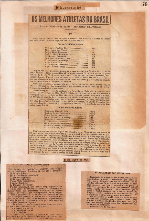 Recortes de 1931 sobre atletas brasileiros e resultados de Domingos Puglisi nos 400 e 800 metros.