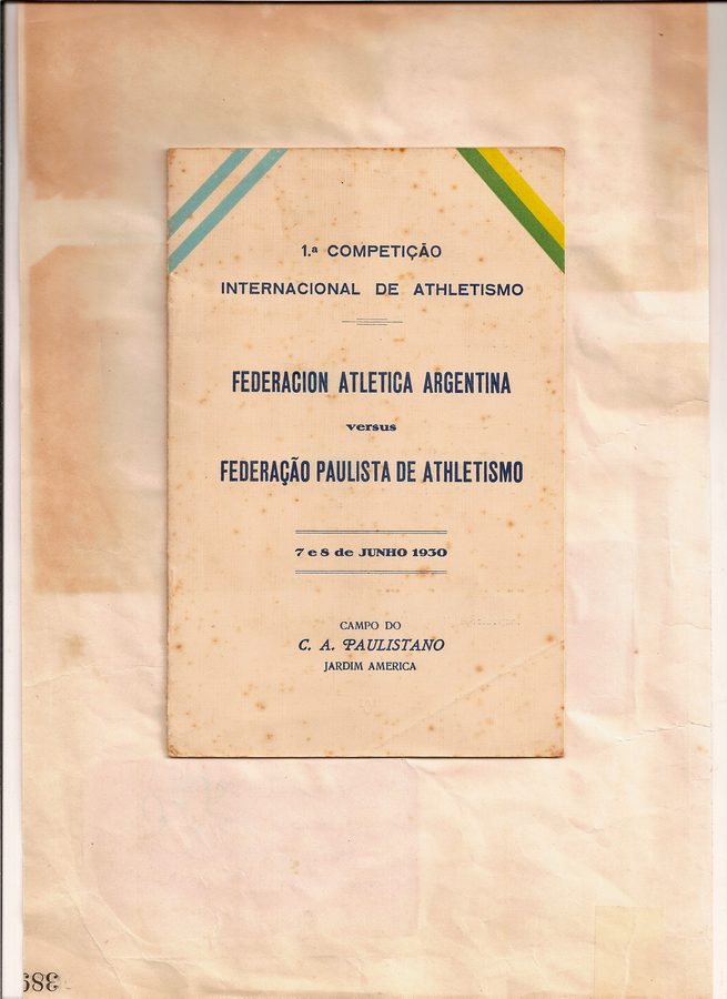 Capa do programa da primeira competição internacional de atletismo entre as federações argentina e paulista, em 1930.