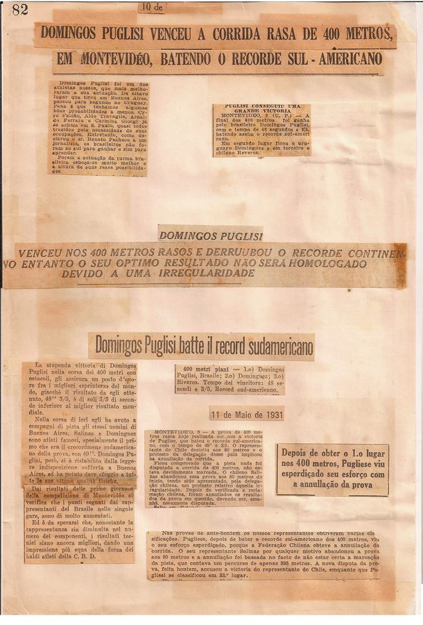 Recortes de 1931 sobre resultados de Domingos Puglisi nos 400 metros, preservados no acervo da família.