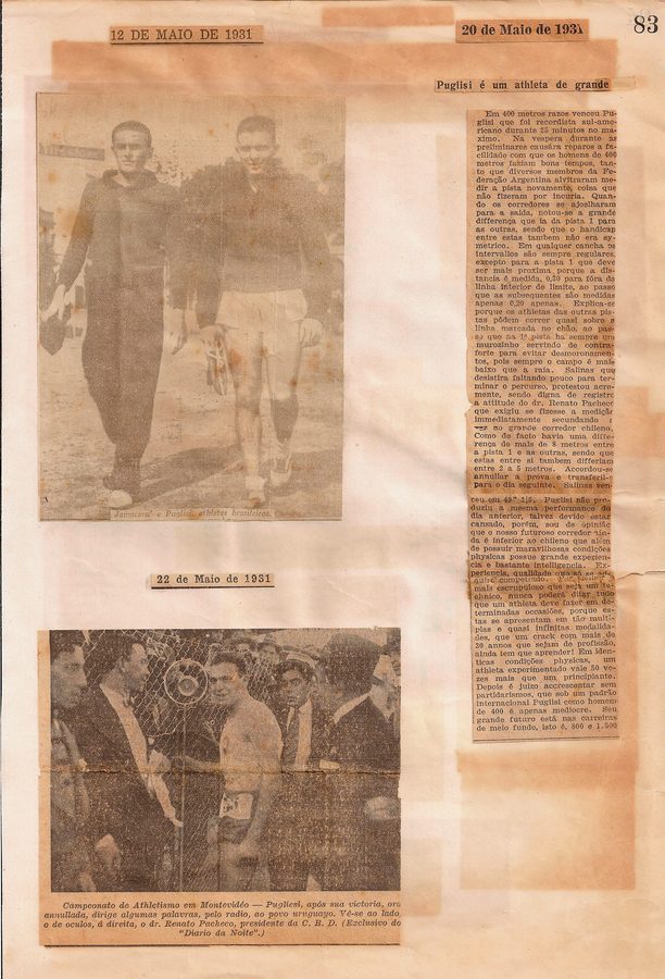 Página de álbum com fotografias e recortes de campeonato de atletismo de 1931.