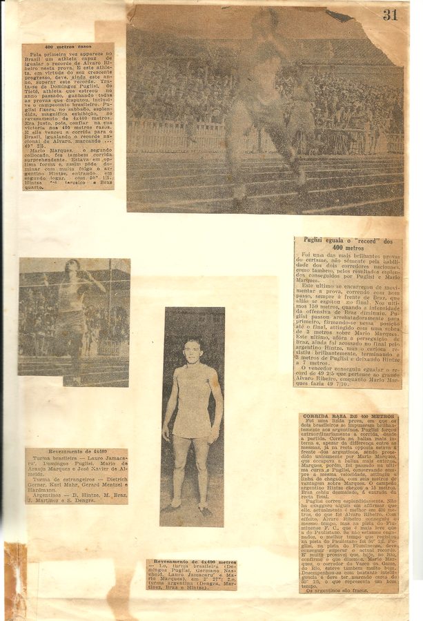Página de álbum com recortes de imprensa e fotografias da trajetória esportiva de Domingos Puglisi.