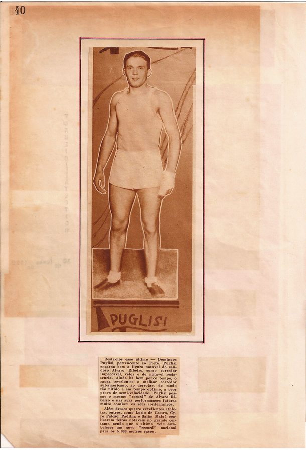 Página de álbum com retrato de Domingos Puglisi em uniforme de atletismo e recorte de imprensa.