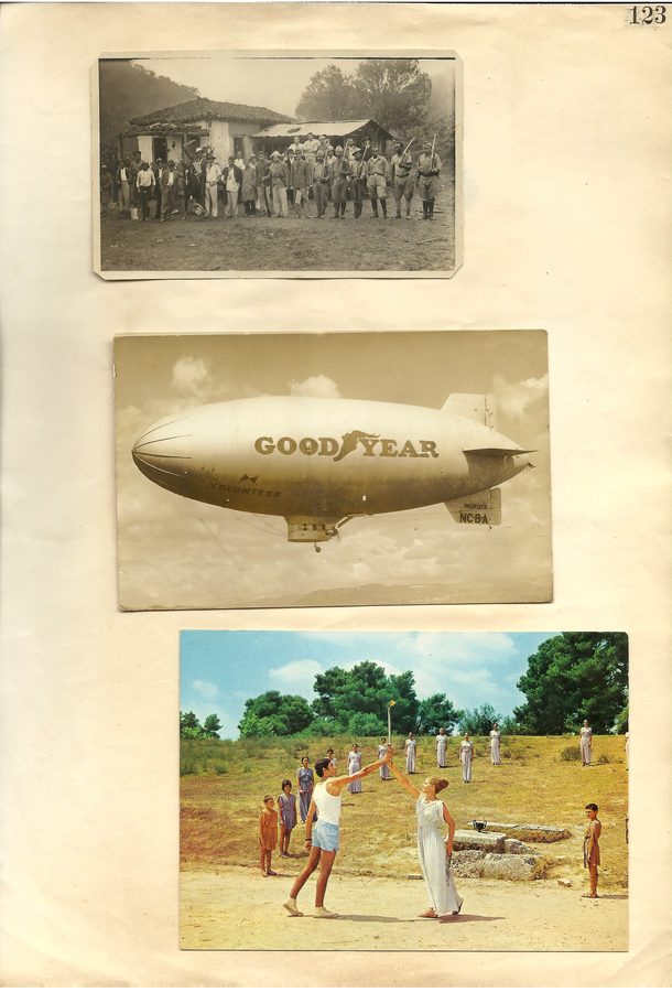 Página de álbum com fotografias de viagem, delegação esportiva e dirigível.