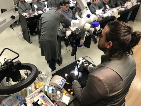 Rafa Puglisi em uma atividade prática com microscópios odontológicos.