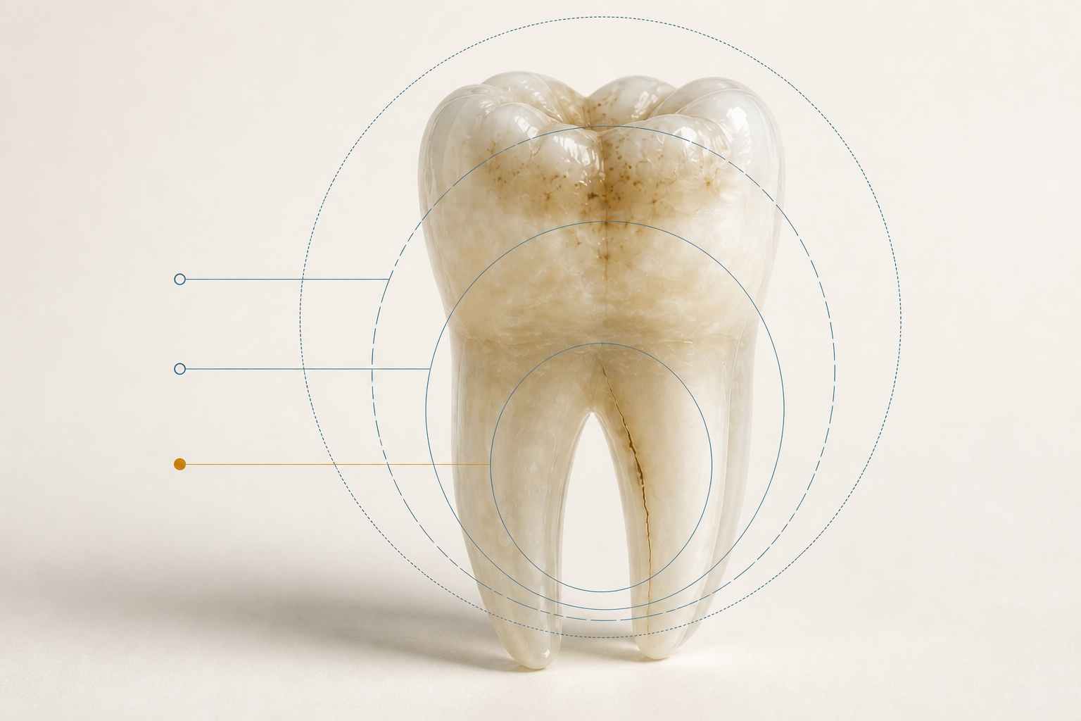 Escultura conceitual de um dente atravessado por três lentes de observação