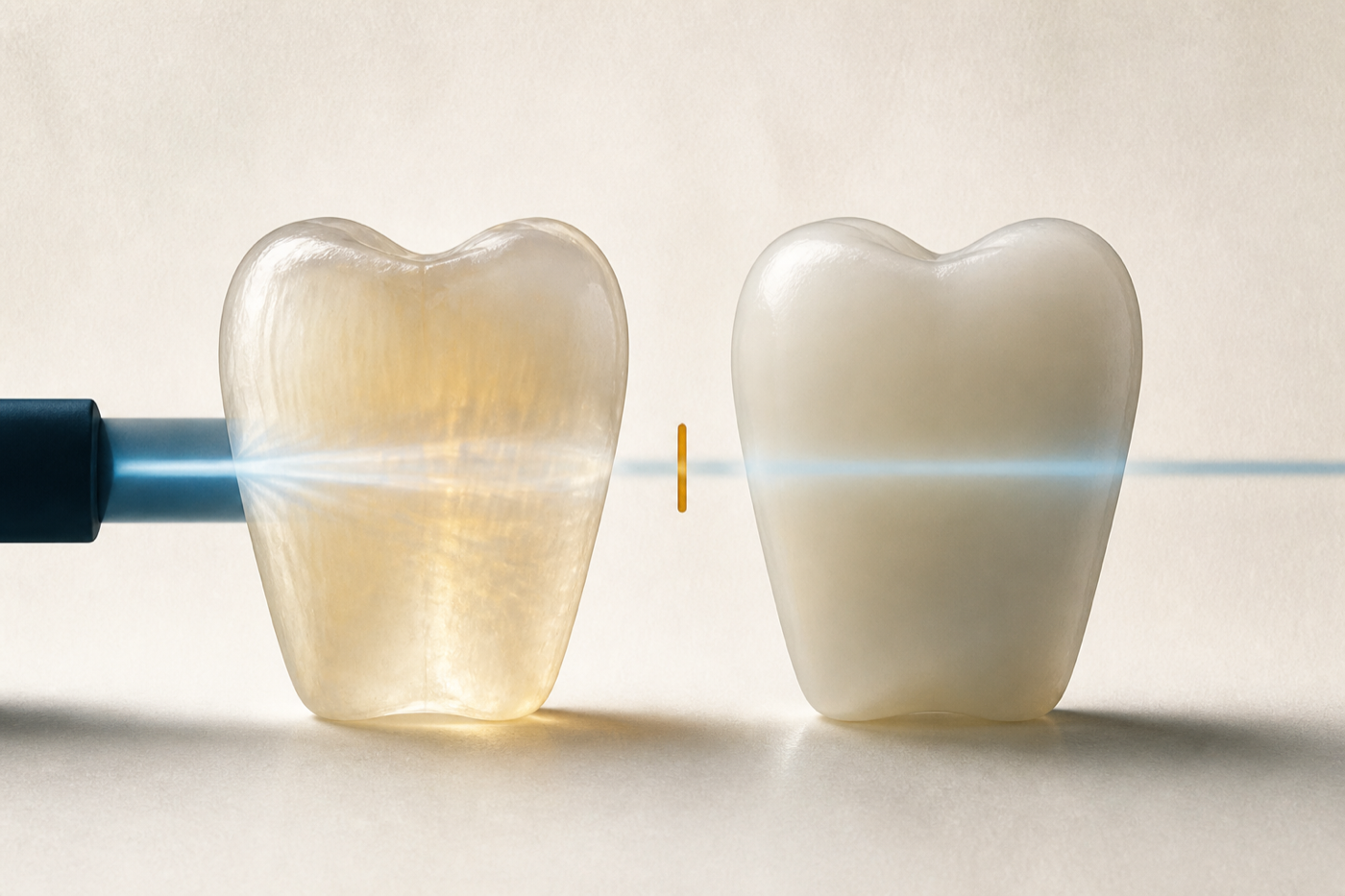 Arte conceitual comparando a resposta óptica de uma estrutura dental natural e de uma restauração