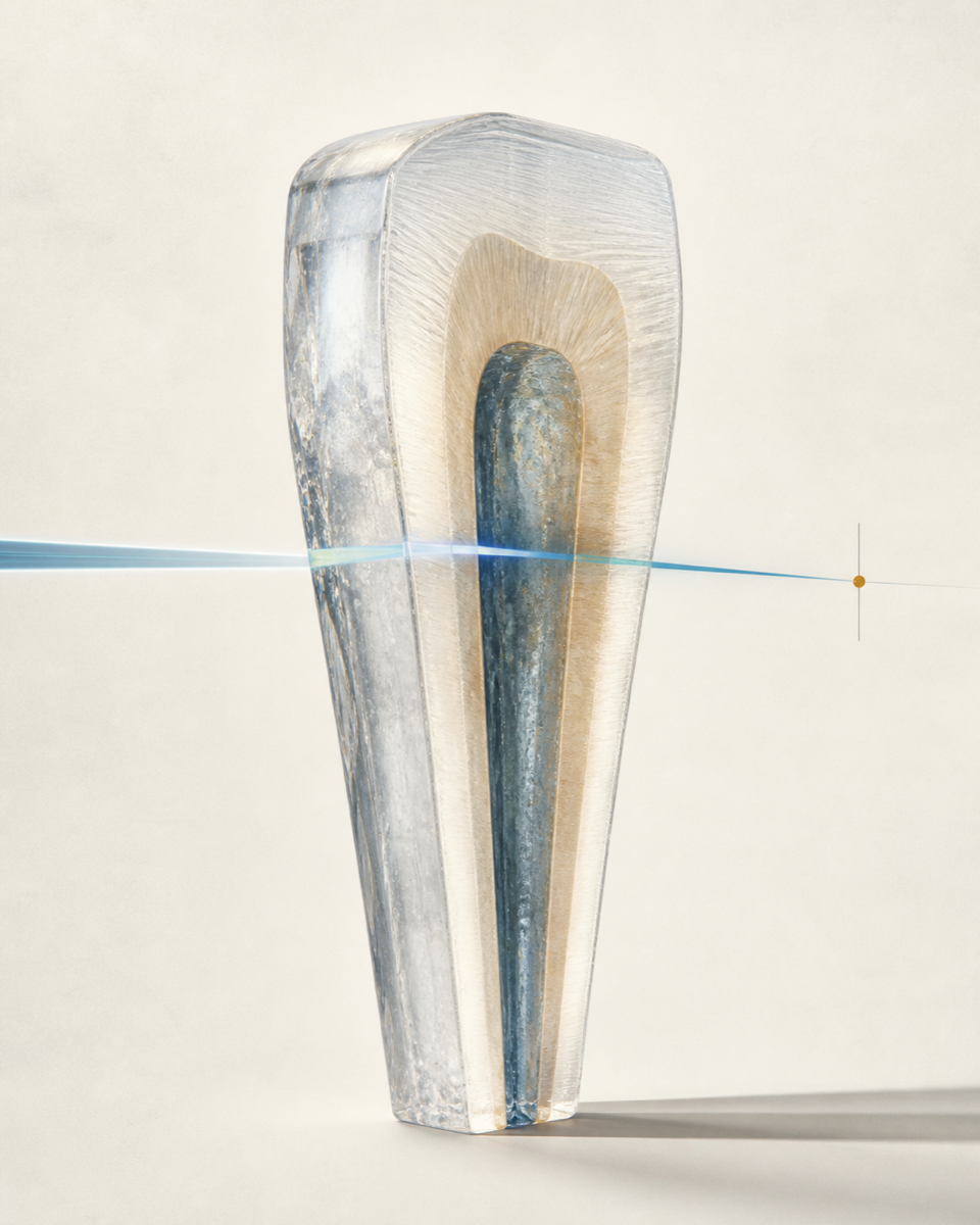 Arte conceitual de um prisma dental translúcido atravessado por um feixe de calibração