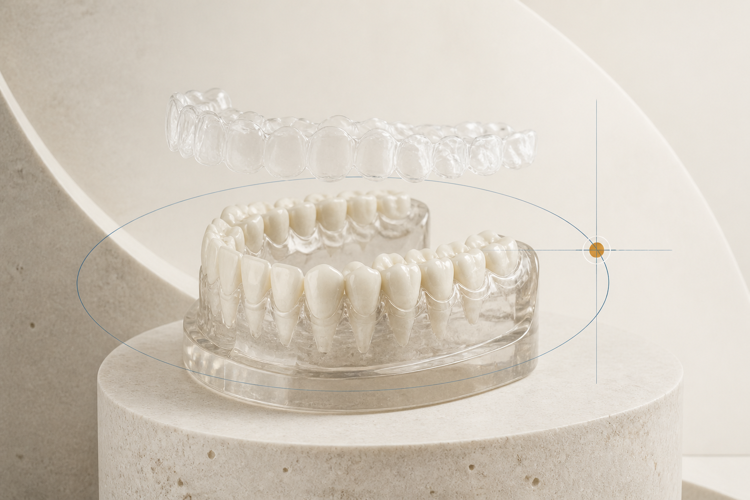Ilustração de uma contenção transparente sobre um modelo de arcada dentária.
