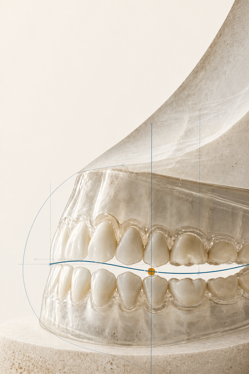 Ilustração das arcadas dentárias com uma linha indicando o encaixe da mordida.