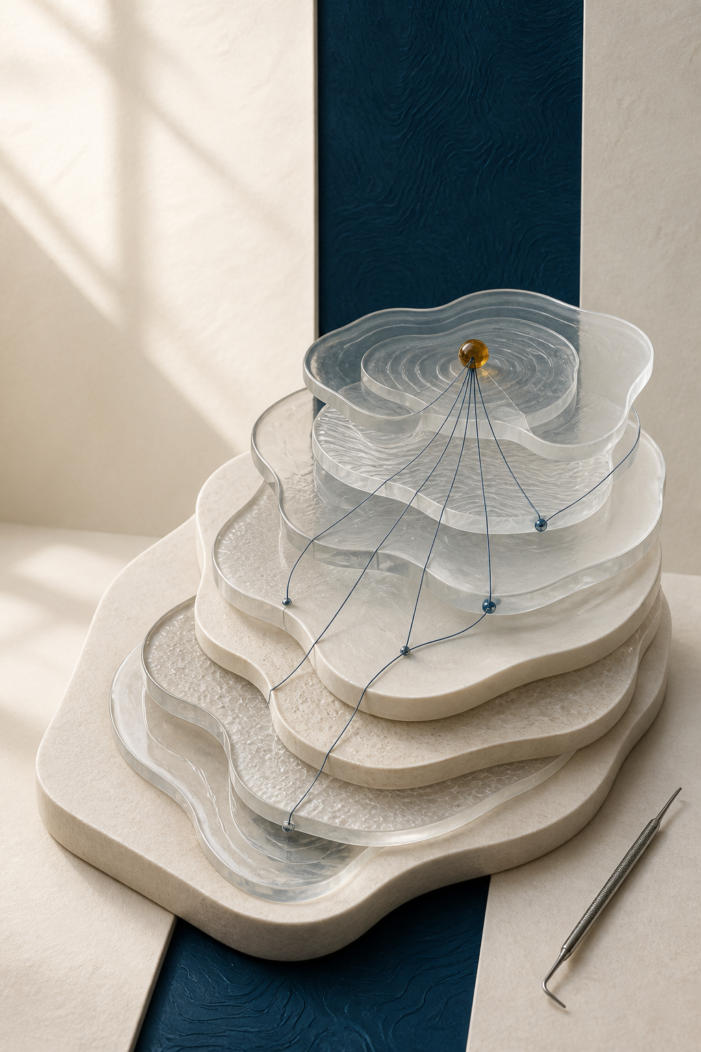 Arte conceitual de camadas topográficas azuis convergindo para um ponto âmbar