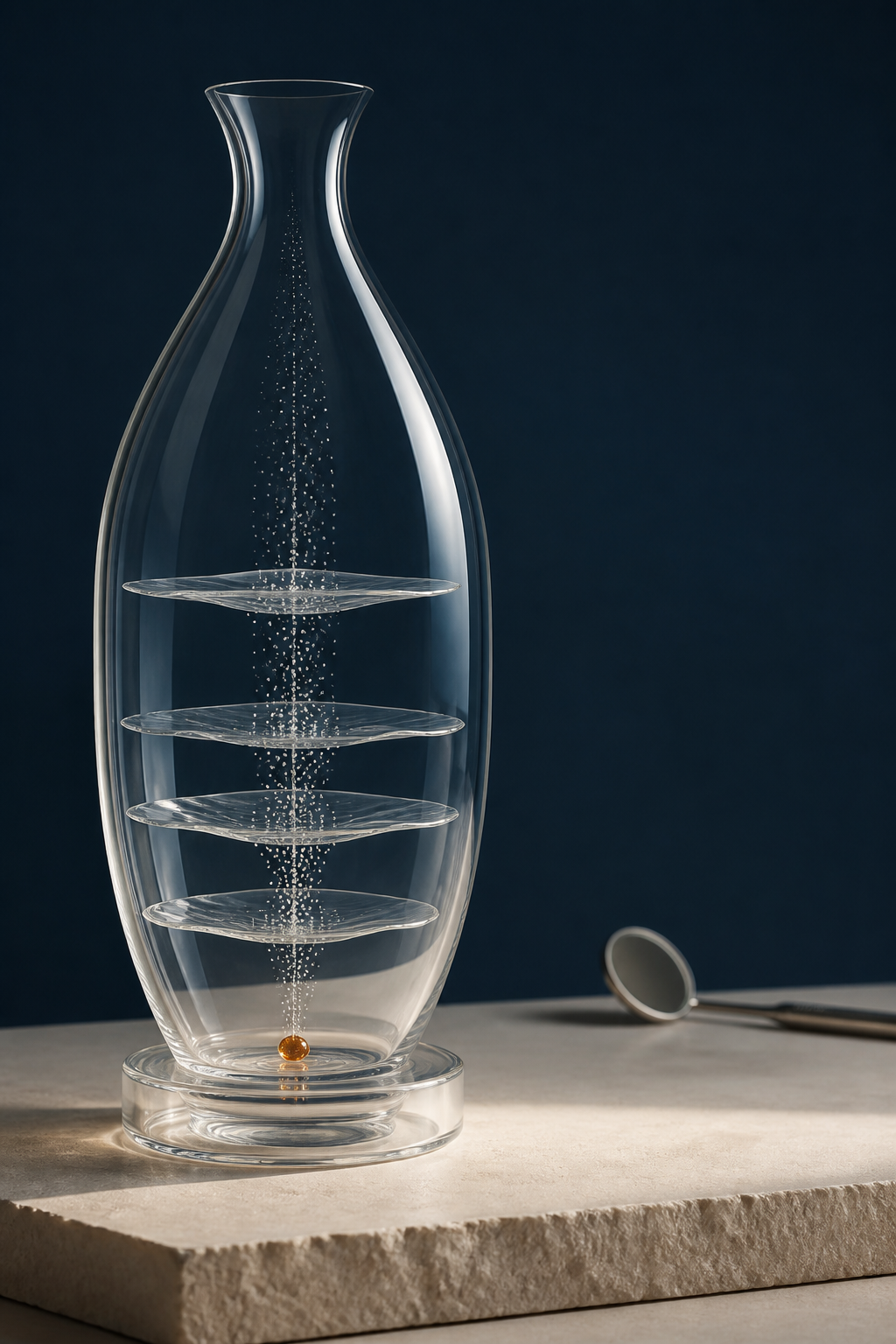 Arte conceitual de um recipiente translúcido com camadas suspensas e um ponto âmbar na base