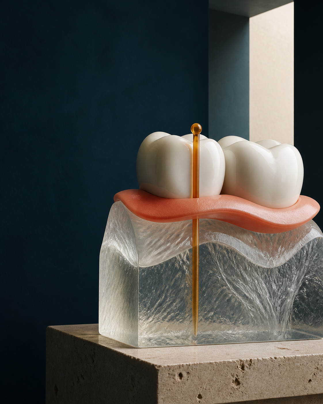 Escultura conceitual em camadas representando saúde, tecido e forma visível