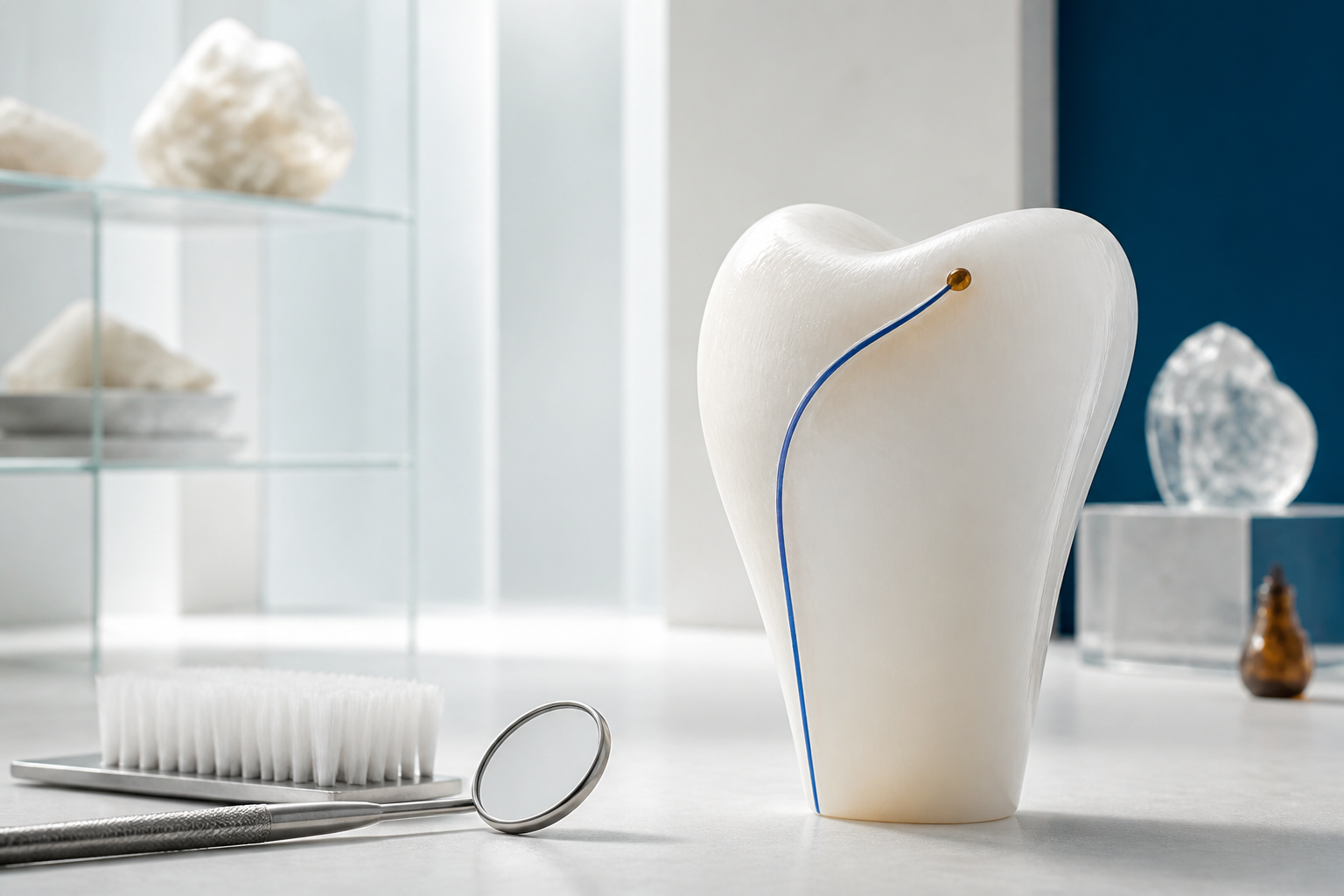 Arte conceitual de superfície dental ao lado de espelho e filamentos de escova