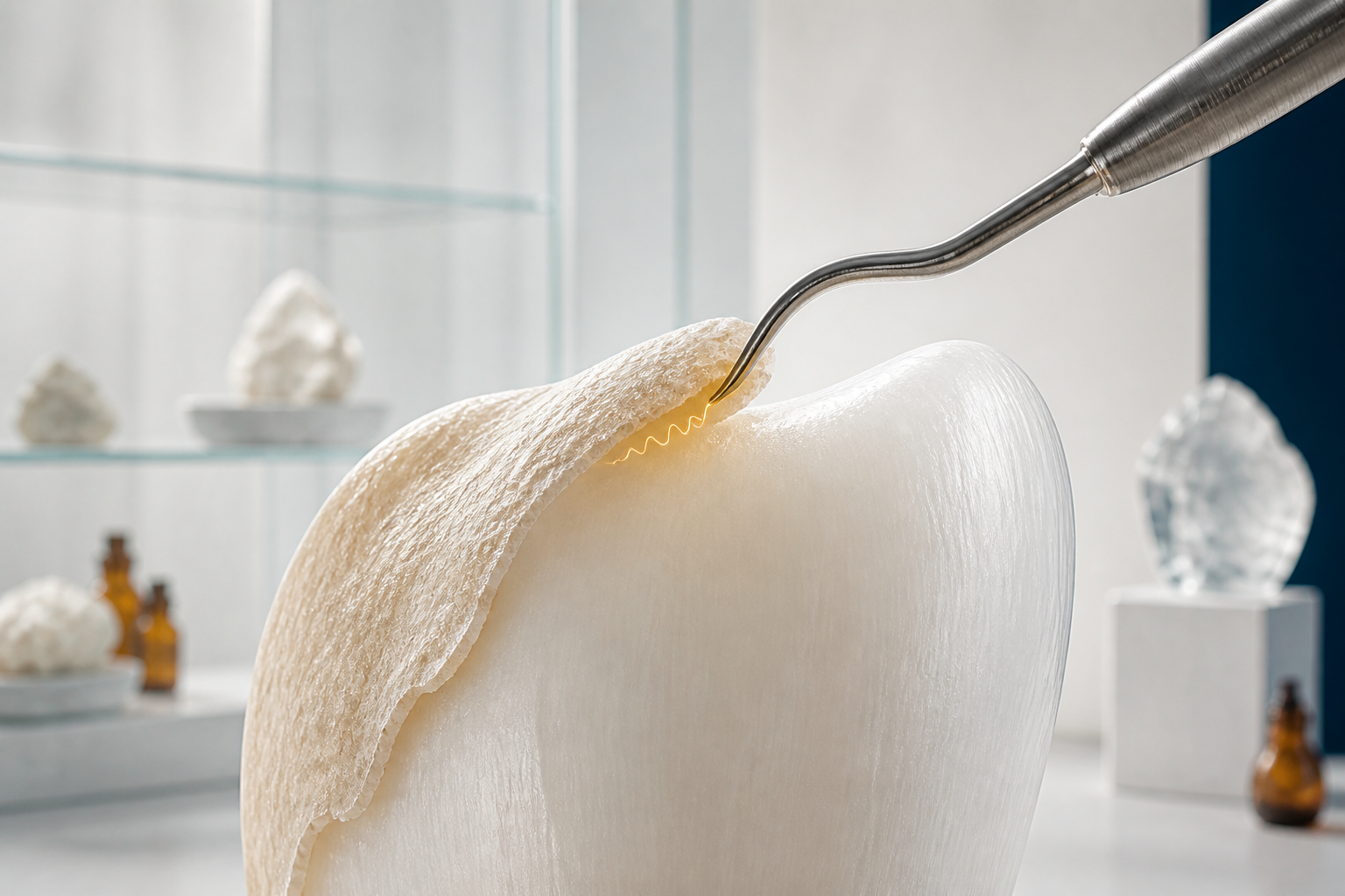 Arte conceitual de instrumento tocando uma camada mineral sobre uma superfície dental