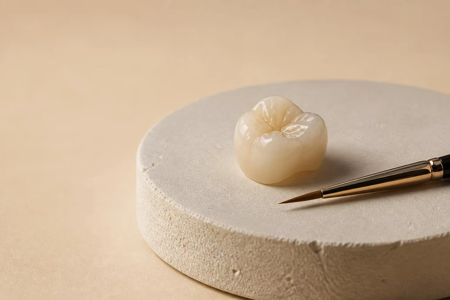 Arte conceitual de uma coroa cerâmica ao lado de um pincel de acabamento