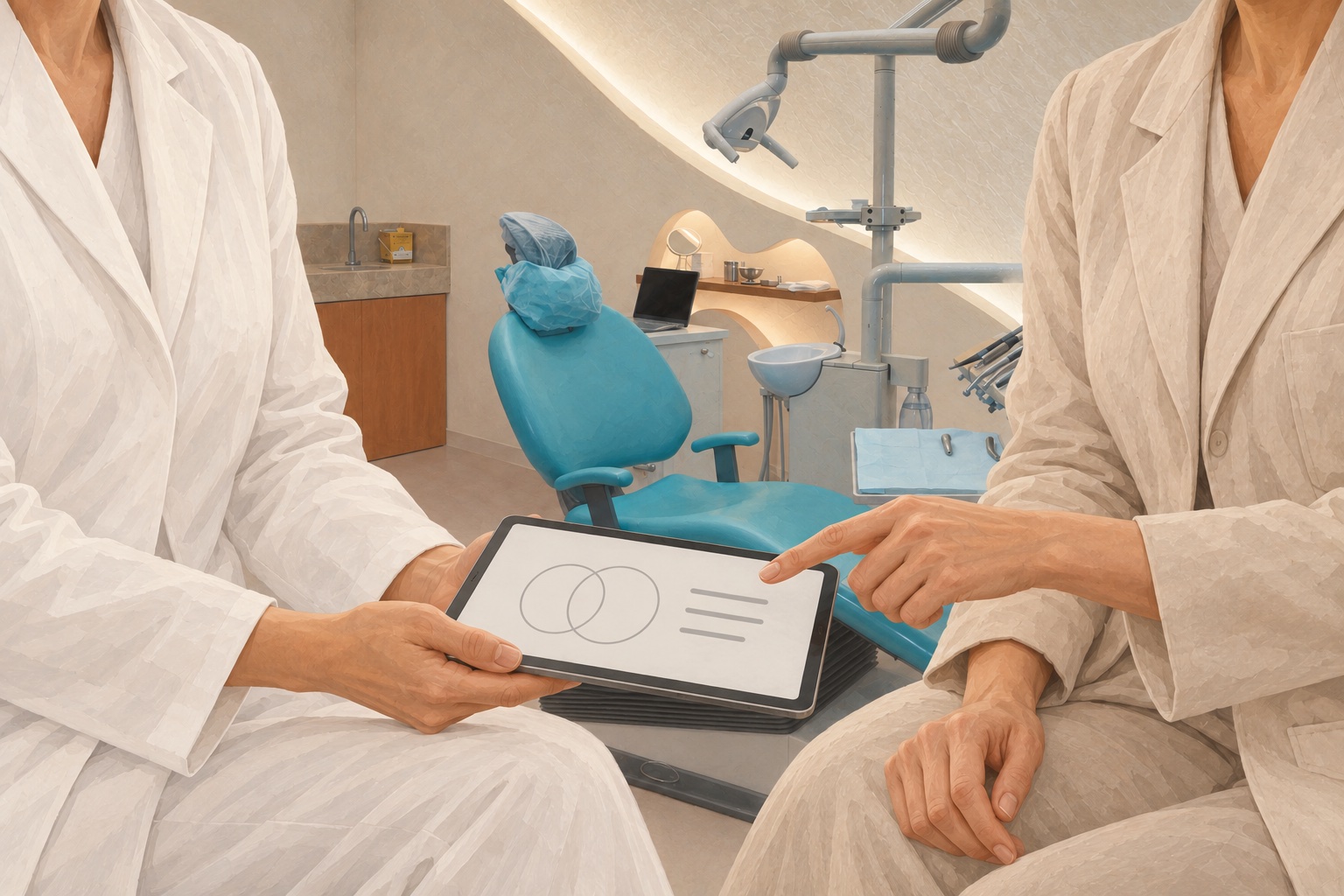 Ilustração gerada por IA de dois profissionais analisando um tablet em ambiente inspirado no consultório do Instituto