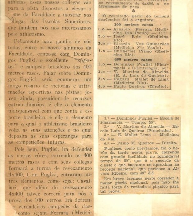 Recortes históricos que relacionam Domingos Puglisi à Faculdade de Farmácia e Odontologia.