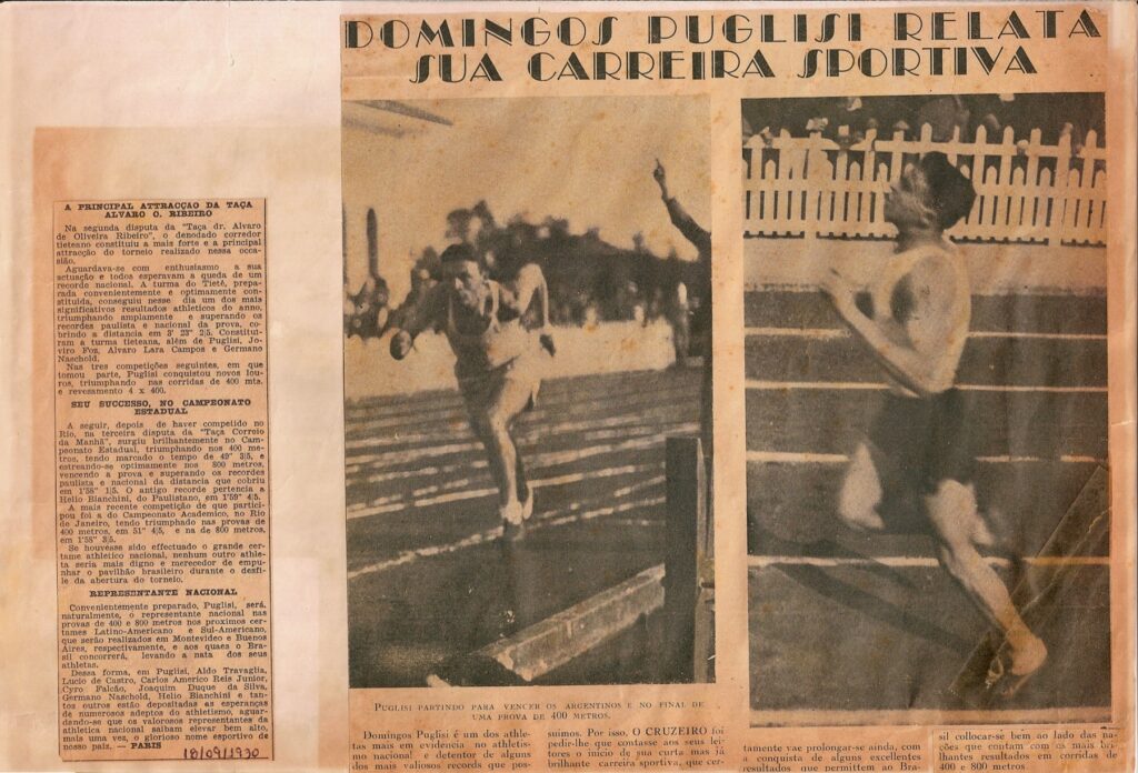 Recorte de O Cruzeiro de 1930 sobre a carreira esportiva de Domingos Puglisi.