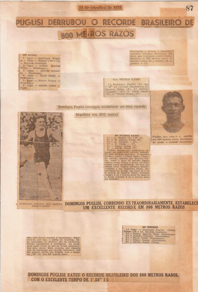 Recortes de setembro de 1931 sobre o recorde brasileiro de Domingos Puglisi nos 800 metros.
